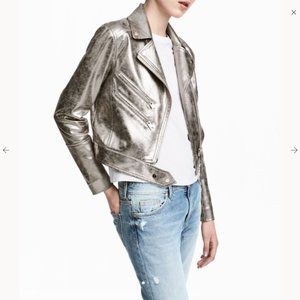 Metallic Silver Leather Biker Jacket H&M Divided